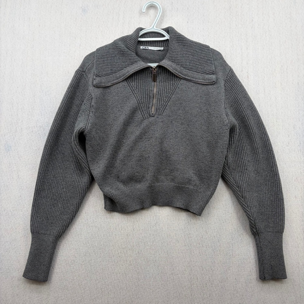 Zara Women Grey Quarter Zip Cropped Ribbed Knit Sweater Large Wide Collar